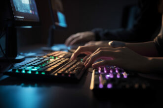 vecteezy professional musician working on computer in dark recording 24944338 109