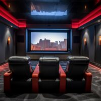 vecteezy a home theater with a red chair and a large scree 30629667 27