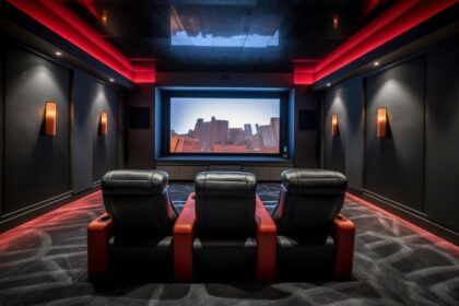 vecteezy a home theater with a red chair and a large scree 30629667 27